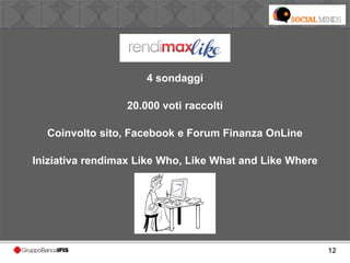 12
4 sondaggi
20.000 voti raccolti
Coinvolto sito, Facebook e Forum Finanza OnLine
Iniziativa rendimax Like Who, Like What and Like Where
 