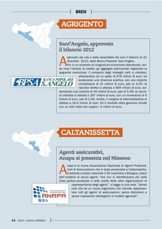 44 4/2013 - BANCA&IMPRESA
BREVI
Agenti assicurativi,
Anapa si presenta nel Nisseno
Sant’Angelo, approvato
il bilancio 2012
A
napa è la nuova Associazione Nazionale di Agenti Professio-
nisti di Assicurazione che è stata presentata a Caltanissetta.
Costituita a livello nazionale il 30 novembre a Bologna, nasce
dall’iniziativa di alcuni agenti “che non si identificavano più nella
linea politico-sindacale e nelle scelte delle altre organizzazioni di
rappresentanza degli agenti”, si legge in una nota, “dando
così vita ad un nuovo organismo che intende rappresen-
tare tutti gli agenti di assicurazioni, senza distinzioni e
senza imposizioni ideologiche di modelli agenziali”.
A
pprovato dal cda e dalla assemblea dei soci il bilancio al 31
dicembre 2012, della Banca Popolare Sant’Angelo.
Pur in un contesto di congiuntura economica sfavorevole, ren-
de noto l’Istituto di credito, gli aggregati patrimoniali registrano la
seguente evoluzione: il comparto degli impieghi netti a clientela,
attestandosi ad un saldo di 676 milioni di euro, ha
evidenziato una dinamica positiva, con una crescita
complessiva di 21 milioni di euro, pari al 3,2%; la
raccolta diretta si attesta a 859 milioni di euro, evi-
denziando una crescita di 44 milioni di euro, pari al 5,4%; la raccol-
ta indiretta si attesta a 267 milioni di euro, con un incremento di 6
milioni di euro, pari al 2,4%. Inoltre, il margine di intermediazione si
attesta a 34,6 milioni di euro. Ed il risultato della gestione chiude
con un utile netto che supera i 4 milioni di euro.
CALTANISSETTA
AGRIGENTO
 