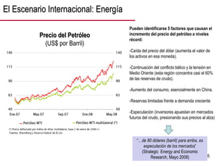5
El Escenario Internacional: Energía
Precio del Petróleo
(US$ por Barril)
Pueden identificarse 5 factores que causan el
incremento del precio del petróleo a niveles
récord:
-Caída del precio del dólar (aumenta el valor de
los activos en esa moneda).
-Continuación del conflicto bélico y la tensión en
Medio Oriente (esta región concentra casi el 60%
de las reservas de crudo).
-Aumento del consumo, esencialmente en China.
-Reservas limitadas frente a demanda creciente
-Especulación (inversores apuestan en mercados
futuros del crudo, presionando sus precios al alza)
“…de 80 dólares (barril) para arriba, es
especulación de los mercados”
(Strategic Energy and Economic
Research, Mayo 2008)
 