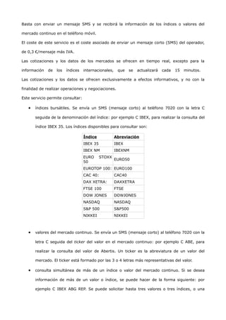 Basta con enviar un mensaje SMS y se recibirá la información de los índices o valores del

mercado continuo en el teléfono móvil.

El coste de este servicio es el coste asociado de enviar un mensaje corto (SMS) del operador,

de 0,3 €/mensaje más IVA.

Las cotizaciones y los datos de los mercados se ofrecen en tiempo real, excepto para la

información   de   los   índices   internacionales,    que     se   actualizará   cada   15   minutos.

Las cotizaciones y los datos se ofrecen exclusivamente a efectos informativos, y no con la

finalidad de realizar operaciones y negociaciones.

Este servicio permite consultar:

   •   índices bursátiles. Se envía un SMS (mensaje corto) al teléfono 7020 con la letra C

       seguida de la denominación del índice: por ejemplo C IBEX, para realizar la consulta del

       índice IBEX 35. Los índices disponibles para consultar son:

                                   Índice             Abreviación
                                   IBEX 35            IBEX
                                   IBEX NM            IBEXNM
                                   EURO      STOXX
                                                      EURO50
                                   50
                                   EUROTOP 100: EURO100
                                   CAC 40:            CAC40
                                   DAX XETRA:         DAXXETRA
                                   FTSE 100           FTSE
                                   DOW JONES          DOWJONES
                                   NASDAQ             NASDAQ
                                   S&P 500            S&P500
                                   NIKKEI             NIKKEI



   •   valores del mercado continuo. Se envía un SMS (mensaje corto) al teléfono 7020 con la

       letra C seguida del ticker del valor en el mercado continuo: por ejemplo C ABE, para

       realizar la consulta del valor de Abertis. Un ticker es la abreviatura de un valor del

       mercado. El ticker está formado por las 3 o 4 letras más representativas del valor.

   •   consulta simultánea de más de un índice o valor del mercado continuo. Si se desea

       información de más de un valor o índice, se puede hacer de la forma siguiente: por

       ejemplo C IBEX ABG REP. Se puede solicitar hasta tres valores o tres índices, o una
 