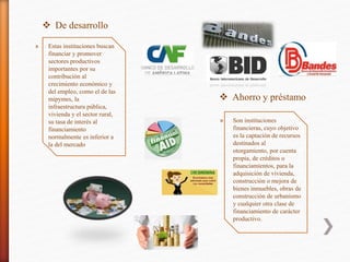  De desarrollo
» Estas instituciones buscan
financiar y promover
sectores productivos
importantes por su
contribución al
crecimiento económico y
del empleo, como el de las
mipymes, la
infraestructura pública,
vivienda y el sector rural,
su tasa de interés al
financiamiento
normalmente es inferior a
la del mercado
 Ahorro y préstamo
» Son instituciones
financieras, cuyo objetivo
es la captación de recursos
destinados al
otorgamiento, por cuenta
propia, de créditos o
financiamientos, para la
adquisición de vivienda,
construcción o mejora de
bienes inmuebles, obras de
construcción de urbanismo
y cualquier otra clase de
financiamiento de carácter
productivo.
 