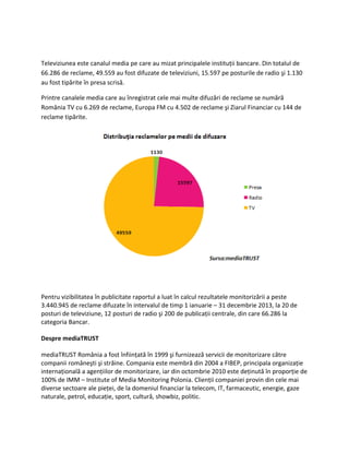 Televiziunea este canalul media pe care au mizat principalele instituţii bancare. Din totalul de
66.286 de reclame, 49.559 au fost difuzate de televiziuni, 15.597 pe posturile de radio şi 1.130
au fost tipărite în presa scrisă.
Printre canalele media care au înregistrat cele mai multe difuzări de reclame se numără
România TV cu 6.269 de reclame, Europa FM cu 4.502 de reclame şi Ziarul Financiar cu 144 de
reclame tipărite.

Pentru vizibilitatea în publicitate raportul a luat în calcul rezultatele monitorizării a peste
3.440.945 de reclame difuzate în intervalul de timp 1 ianuarie – 31 decembrie 2013, la 20 de
posturi de televiziune, 12 posturi de radio şi 200 de publicaţii centrale, din care 66.286 la
categoria Bancar.
Despre mediaTRUST
mediaTRUST România a fost înfiinţată în 1999 şi furnizează servicii de monitorizare către
companii româneşti şi străine. Compania este membră din 2004 a FIBEP, principala organizaţie
internaţională a agenţiilor de monitorizare, iar din octombrie 2010 este deţinută în proporţie de
100% de IMM – Institute of Media Monitoring Polonia. Clienţii companiei provin din cele mai
diverse sectoare ale pieţei, de la domeniul financiar la telecom, IT, farmaceutic, energie, gaze
naturale, petrol, educaţie, sport, cultură, showbiz, politic.

 