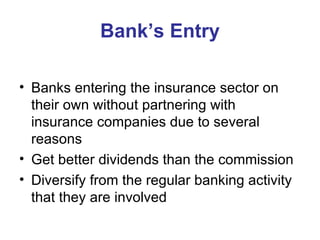 Bank’s Entry Banks entering the insurance sector on their own without partnering with insurance companies due to several reasons  Get better dividends than the commission Diversify from the regular banking activity that they are involved  