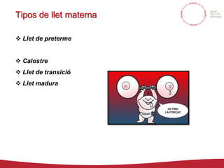 Tipos de llet materna
 Llet de preterme
 Calostre
 Llet de transició
 Llet madura
JO TINC
LA FORÇA!!
 