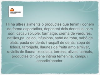 Hi ha altres aliments o productes que tenim i donem
de forma esporàdica, depenent dels donatius, com
són: cacau soluble, formatge, crema de verdures,
natilles,pa, caldo, infusions, sabó de roba, sabó de
plats, pasta de dents i raspall de dents, sopa de
fideus, taronjada, llaunes de fruita amb almívar,
raviolis de llauna, xocolata, torrons, olives, cereals,
productes d’higiene íntima femenina, xampú i
acondicionador.
 