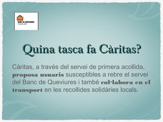 Quina tasca fa Càritas?Quina tasca fa Càritas?
Càritas, a través del servei de primera acollida,
proposa usuaris susceptibles a rebre el servei
del Banc de Queviures i també col·labora en el
transport en les recollides solidàries locals.
 