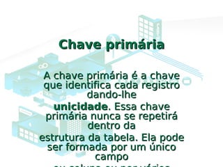 Chave primáriaChave primária
A chave primária é a chaveA chave primária é a chave
que identifica cada registroque identifica cada registro
dando-lhedando-lhe
unicidadeunicidade. Essa chave. Essa chave
primária nunca se repetiráprimária nunca se repetirá
dentro dadentro da
estrutura da tabela. Ela podeestrutura da tabela. Ela pode
ser formada por um únicoser formada por um único
campocampo
 