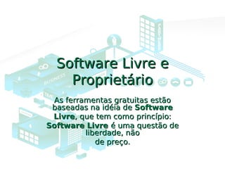 Software Livre eSoftware Livre e
ProprietárioProprietário
As ferramentas gratuitas estãoAs ferramentas gratuitas estão
baseadas na idéia debaseadas na idéia de SoftwareSoftware
LivreLivre, que tem como princípio:, que tem como princípio:
Software LivreSoftware Livre é uma questão deé uma questão de
liberdade, nãoliberdade, não
de preço.de preço.
 
