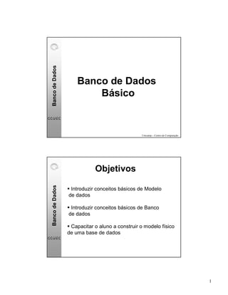 Banco de Dados




                        Banco de Dados
                            Básico


                                                   Unicamp – Centro de Computação




                                Objetivos
Banco de Dados




                      Introduzir conceitos básicos de Modelo
                  




                     de dados

                      Introduzir conceitos básicos de Banco
                  




                     de dados

                  Capacitar o aluno a construir o modelo físico
                  




                 de uma base de dados




                                                                                    1
 