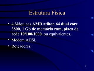 Estrutura Física 4 Máquinas  AMD atlhon 64 dual core 3800, 1 Gb de memória ram, placa de rede 10/100/1000   ou equivalentes. Modem ADSL. Roteadores. 
