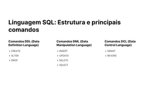 Linguagem SQL: Estrutura e principais
comandos
Comandos DDL (Data
Definition Language)
CREATE
ALTER
DROP
Comandos DML (Data
Manipulation Language)
INSERT
UPDATE
DELETE
SELECT
Comandos DCL (Data
Control Language)
GRANT
REVOKE
 