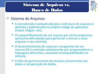 Sistema de Arquivos
 A manutenção é prejudicada pois a estrutura de arquivos é
definida e padronizada no próprio código do aplicativo
(Cobol, Clipper, etc);
 O compartilhamento de um arquivo por vários programas
apresenta dificuldades para gerenciar o acesso a esses
arquivos e seu controle;
 O desenvolvimento de arquivos e programas de um
mesmo SO é realizado isoladamente por programadores e
linguagens diferentes, causando incompatibilidades no
sistema;
 A falta de gerenciamento de acessos concorrentes aos
dados e recuperação de dados.
Sistema de Arquivos vs.
Banco de Dados
 