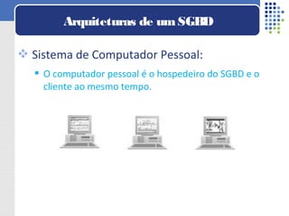  Sistema de Computador Pessoal:
 O computador pessoal é o hospedeiro do SGBD e o
cliente ao mesmo tempo.
Arquiteturas de umSGBD
 