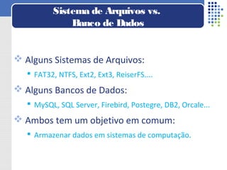  Alguns Sistemas de Arquivos:
 FAT32, NTFS, Ext2, Ext3, ReiserFS....
 Alguns Bancos de Dados:
 MySQL, SQL Server, Firebird, Postegre, DB2, Orcale...
 Ambos tem um objetivo em comum:
 Armazenar dados em sistemas de computação.
Sistema de Arquivos vs.
Banco de Dados
 