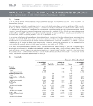 NOTAS EXPLICATIVAS DA ADMINISTRAÇÃO ÀS DEMONSTRAÇÕES FINANCEIRAS
EM 31 DE DEZEMBRO DE 2013 E DE 2012 - EM MILHARES DE REAIS (EXCETO QUANDO INDICADO)
BANCO INDUSVAL S.A. (INDUSVAL  PARTNERS) E BANCO INDUSVAL S.A.
E SUAS CONTROLADAS (INDUSVAL  PARTNERS CONSOLIDADO)
(7)	Intercap
Em 26 de junho de 2013 foi firmado contrato de compra da totalidade das ações do Banco Intercap S.A. entre o Banco Indusval S.A. e os
acionistas desta instituição.
Após a obtenção das autorizações regulatórias pertinentes e cumprimento das demais condições precedentes aplicáveis, em 04 de novembro
de 2013, foi realizado o fechamento da operação em que o Banco Indusval S.A. adquiriu a totalidade das ações de emissão do Banco Intercap
S.A., banco múltiplo de capital fechado (contemplando as suas subsidiárias: Distribuidora Intercap de Títulos e Valores Mobiliários S.A., Intercap
Promotora e Serviços de Consultoria Financeira Ltda. e Intercap Investimentos Ltda.), no valor de R$ 108.010, tendo como base o valor patrimonial
contábil do Banco Intercap S.A. verificado nas suas demonstrações financeiras de 30 de junho de 2013 com os ajustes usuais até o fechamento
da transação. Este processo foi aprovado pelo Banco Central em 18 de novembro de 2013.
Em ato contínuo os Srs. Roberto de Rezende Barbosa, Afonso Antônio Hennel, Cristina Hennel Fay e George Antonio Hennel, acionistas do Banco
Intercap S.A. representando 99,5% de seu capital, comprometeram-se a investir no Banco Indusval S.A. a totalidade dos recursos recebidos em
decorrência da aquisição, através da cessão do direito de preferência por determinados acionistas do Banco Indusval S.A., mediante a subscrição
e integralização em um aumento de capital privado, deliberado pelo Conselho de Administração da Companhia em 1 de novembro de 2013,
mediante subscrição privada de ações, no limite do capital autorizado, no valor total de até R$ 107.460.
Os Srs. Afonso Antônio Hennel e Roberto de Rezende Barbosa, acionistas controladores do Banco Intercap S.A., passaram a fazer parte do grupo
de controle do Banco Indusval S.A., sem acarretar em mudança de controle da Instituição, sujeito à aprovação do Banco Central do Brasil. Com o
intuito de fortalecer a estrutura de governança corporativa, agregando novo e importante capital intelectual e experiência à atual Administração
do Banco Indusval S.A., o Sr. Afonso Antônio Hennel será nomeado Vice-Presidente do Conselho de Administração e o Sr. Roberto de Rezende
Barbosa, como membro do Conselho de Administração da Instituição.
(b)	Imobilizado
Indusval  Partners Consolidado
31 de dezembro
de 2012 Aquisições
Despesa de
depreciação Baixas
31 de dezembro
de 2013
Terrenos 890 (5) 885
Edificações 1.874 (118) (35) 1.721
Custo 2.954 (53) 2.901
Depreciação acumulada (1.080) (118) 18 (1.180)
Imobilizações em curso 189 (189)
Custo 189 (189)
Equipamentos e instalações 3.053 500 (655) (273) 2.625
Custo 6.062 849 (663) 6.248
Depreciação acumulada (3.009) (349) (655) 390 (3.623)
Benfeitorias 2.702 335 (874) (23) 2.140
Custo 3.753 1.792 (1.491) 4.054
Depreciação acumulada (1.051) (1.457) (874) 1.468 (1.914)
Outros 5.129 3.945 (2.008) (500) 6.566
Custo 10.896 6.603 (3.144) 14.355
Depreciação acumulada (5.767) (2.658) (2.008) 2.644 (7.789)
Total imobilizado de uso 13.648 4.969 (3.655) (1.025) 13.937
Custo 24.555 9.433 (5.545) 28.443
Depreciação acumulada (10.907) (4.464) (3.655) 4.520 (14.506)
DEMONSTRAÇÕES FINANCEIRAS 201338
 