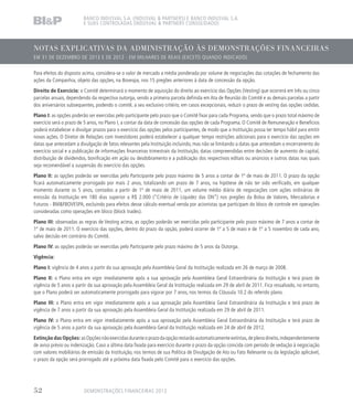 NOTAS EXPLICATIVAS DA ADMINISTRAÇÃO ÀS DEMONSTRAÇÕES FINANCEIRAS
EM 31 DE DEZEMBRO DE 2013 E DE 2012 - EM MILHARES DE REAIS (EXCETO QUANDO INDICADO)
BANCO INDUSVAL S.A. (INDUSVAL  PARTNERS) E BANCO INDUSVAL S.A.
E SUAS CONTROLADAS (INDUSVAL  PARTNERS CONSOLIDADO)
Para efeitos do disposto acima, considera-se o valor de mercado a média ponderada por volume de negociações das cotações de fechamento das
ações da Companhia, objeto das opções, na Bovespa, nos 15 pregões anteriores à data de concessão da opção.
Direito de Exercício: o Comitê determinará o momento de aquisição do direito ao exercício das Opções (Vesting) que ocorrerá em três ou cinco
parcelas anuais, dependendo da respectiva outorga, sendo a primeira parcela definida em Ata de Reunião do Comitê e as demais parcelas a partir
dos aniversários subsequentes, podendo o comitê, a seu exclusivo critério, em casos excepcionais, reduzir o prazo de vesting das opções cedidas.
Plano I: as opções poderão ser exercidas pelo participante pelo prazo que o Comitê fixar para cada Programa, sendo que o prazo total máximo de
exercício será o prazo de 5 anos, no Plano I, a contar da data de concessão das opções de cada Programa. O Comitê de Remuneração e Benefícios
poderá estabelecer e divulgar prazos para o exercício das opções pelos participantes, de modo que a Instituição possa ter tempo hábil para emitir
novas ações. O Diretor de Relações com Investidores poderá estabelecer a qualquer tempo restrições adicionais para o exercício das opções em
datas que antecedam a divulgação de fatos relevantes pela Instituição incluindo, mas não se limitando a datas que antecedam o encerramento do
exercício social e a publicação de informações financeiras trimestrais da Instituição, datas compreendidas entre decisões de aumento de capital,
distribuição de dividendos, bonificação em ação ou desdobramento e a publicação dos respectivos editais ou anúncios e outros datas nas quais
seja recomendável a suspensão do exercício das opções.
Plano II: as opções poderão ser exercidas pelo Participante pelo prazo máximo de 5 anos a contar de 1º de maio de 2011. O prazo da opção
ficará automaticamente prorrogado por mais 2 anos, totalizando um prazo de 7 anos, na hipótese de não ter sido verificado, em qualquer
momento durante os 5 anos, contados a partir de 1º de maio de 2011, um volume médio diário de negociações com ações ordinárias de
emissão da Instituição em 180 dias superior a R$ 2.000 (“Critério de Liquidez das ON”) nos pregões da Bolsa de Valores, Mercadorias e
Futuros - BMFBOVESPA, excluindo para efeitos desse cálculo eventual venda por acionistas que participam do bloco de controle em operações
consideradas como operações em bloco (block trades).
Plano III: observadas as regras de Vesting acima, as opções poderão ser exercidas pelo participante pelo prazo máximo de 7 anos a contar de
1º de maio de 2011. O exercício das opções, dentro do prazo da opção, poderá ocorrer de 1º a 5 de maio e de 1º a 5 novembro de cada ano,
salvo decisão em contrário do Comitê.
Plano IV: as opções poderão ser exercidas pelo Participante pelo prazo máximo de 5 anos da Outorga.
Vigência:
Plano I: vigência de 4 anos a partir da sua aprovação pela Assembleia Geral da Instituição realizada em 26 de março de 2008.
Plano II: o Plano entra em vigor imediatamente após a sua aprovação pela Assembleia Geral Extraordinária da Instituição e terá prazo de
vigência de 5 anos a partir da sua aprovação pela Assembleia Geral da Instituição realizada em 29 de abril de 2011. Fica ressalvado, no entanto,
que o Plano poderá ser automaticamente prorrogado para vigorar por 7 anos, nos termos da Cláusula 10.2 do referido plano.
Plano III: o Plano entra em vigor imediatamente após a sua aprovação pela Assembleia Geral Extraordinária da Instituição e terá prazo de
vigência de 7 anos a partir da sua aprovação pela Assembleia Geral da Instituição realizada em 29 de abril de 2011.
Plano IV: o Plano entra em vigor imediatamente após a sua aprovação pela Assembleia Geral Extraordinária da Instituição e terá prazo de
vigência de 5 anos a partir da sua aprovação pela Assembleia Geral da Instituição realizada em 24 de abril de 2012.
Extinção das Opções:asOpçõesnãoexercidasduranteoprazodaopçãorestarãoautomaticamenteextintas,deplenodireito,independentemente
de aviso prévio ou indenização. Caso a última data fixada para exercício durante o prazo da opção coincida com período de vedação à negociação
com valores mobiliários de emissão da Instituição, nos termos de sua Política de Divulgação de Ato ou Fato Relevante ou da legislação aplicável,
o prazo da opção será prorrogado até a próxima data fixada pelo Comitê para o exercício das opções.
DEMONSTRAÇÕES FINANCEIRAS 201352
 