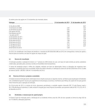 Os valores justos das opções em 31 de dezembro são mostrados abaixo:
Outorgas 31 de dezembro de 2013 31 de dezembro de 2012
22 de julho de 2008 0,67
10 de fevereiro de 2009 2,87 5,02
22 de fevereiro de 2010 0,42 1,97
6 de agosto de 2010 0,86 2,56
9 de fevereiro de 2011 0,91 2,43
1 de julho de 2011 2,96 4,89
23 de dezembro de 2011 2,97 4,83
23 de dezembro de 2011 5,54 7,49
30 de janeiro de 2012 1,69 3,25
30 de janeiro de 2012 2,91 4,74
31 de agosto de 2012 3,13 4,90
31 de agosto de 2012 2,76 4,47
28 de fevereiro de 2013 2,38
Em 2013, foi contabilizado como despesa de benefícios o montante de R$ 9.656 (R$ 8.985 em 2012) em contrapartida à reserva de capital a
título do plano de incentivo com base em opções de compra de ações.
(c)	 Reserva de reavaliação
A Instituição procedeu à avaliação de imóveis no 1º semestre de 2005 (imóveis de uso), com base em laudo emitido por peritos avaliadores
credenciados, aprovados pelos acionistas reunidos em Assembleia Geral Extraordinária.
A reserva de reavaliação própria e reflexa das coligadas, realizada com base nas depreciações, baixas ou alienações dos respectivos bens
reavaliados, é transferida para lucros acumulados, líquida dos efeitos tributários. A realização da reserva foi de R$ 50 (R$ 49 em 2012). O saldo
da reserva é de R$ 1.290 (R$ 1.340 em 31 de dezembro de 2012).
(d) Reservas de lucros e prejuízos acumulados
O Estatuto Social da Instituição prevê a destinação do lucro líquido anual para as seguintes reservas: (a) Reserva para Equalização de Dividendos
com a finalidade de garantir recursos para pagamento de remuneração ao acionista; e (b) Reserva para Reforço do Capital de Giro para garantir
meios financeiros para a operação da instituição.
Em 30 de junho de 2013, as reservas de lucros absorveram parcialmente o resultado negativo observado (R$ 713 pela Reserva Legal e
R$ 2.799 pela Reserva Estatutária). O saldo residual foi lançado para conta Prejuízos Acumulados, que apresenta saldo de R$ (115.272), em 31
de dezembro de 2013.
(e)	 Dividendos e remuneração do capital próprio
O Estatuto Social da Instituição prevê a distribuição de um dividendo mínimo anual de 25% do lucro ajustado na forma do artigo 202 da
Lei nº 6.404/76 e alterações posteriores.
55
 