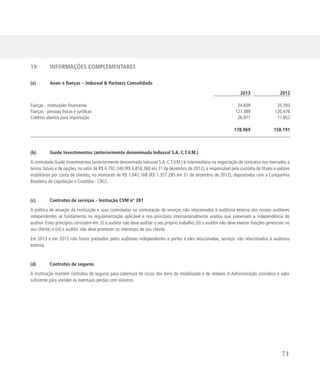 19	 INFORMAÇÕES COMPLEMENTARES
(a)	 Avais e fianças – Indusval  Partners Consolidado
2013 2012
Fianças - instituições financeiras 24.609 25.593
Fianças - pessoas físicas e jurídicas 127.389 120.476
Créditos abertos para importação 26.971 11.852
178.969 158.191
(b)	 Guide Investimentos (anteriormente denominada Indusval S.A. C.T.V.M.)
A controlada Guide Investimentos (anteriormente denominada Indusval S.A. C.T.V.M.) é intermediária na negociação de contratos nos mercados a
termo, futuro e de opções, no valor de R$ 4.792.240 (R$ 5.816.360 em 31 de dezembro de 2012), e responsável pela custódia de títulos e valores
mobiliários por conta de clientes, no montante de R$ 1.042.168 (R$ 1.357.295 em 31 de dezembro de 2012), depositados com a Companhia
Brasileira de Liquidação e Custódia - CBLC.
(c)	 Contratos de serviços - Instrução CVM nº 381
A política de atuação da Instituição e suas controladas na contratação de serviços não relacionados à auditoria externa dos nossos auditores
independentes se fundamenta na regulamentação aplicável e nos princípios internacionalmente aceitos que preservam a independência do
auditor. Estes princípios consistem em: (i) o auditor não deve auditar o seu próprio trabalho; (ii) o auditor não deve exercer funções gerenciais no
seu cliente; e (iii) o auditor não deve promover os interesses de seu cliente.
Em 2013 e em 2012 não foram prestados pelos auditores independentes e partes a eles relacionadas, serviços não relacionados à auditoria
externa.
(d)	 Contratos de seguros
A Instituição mantém contratos de seguros para cobertura de riscos dos bens do imobilizado e de imóveis. A Administração considera o valor
suficiente para atender às eventuais perdas com sinistros.
71
 