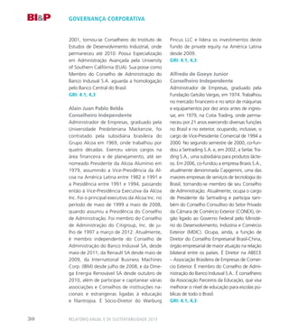 governança corporativa
2001, tornou-se Conselheiro do Instituto de
Estudos de Desenvolvimento Industrial, onde
permaneceu até 2010. Possui Especialização
em Administração Avançada pela University
of Southern Califórnia (EUA). Sua posse como
Membro do Conselho de Administração do
Banco Indusval S.A. aguarda a homologação
pelo Banco Central do Brasil.
GRI: 4.1, 4,3
Alain Juan Pablo Belda
Conselheiro Independente
Administrador de Empresas, graduado pela
Universidade Presbiteriana Mackenzie, foi
contratado pela subsidiária brasileira do
Grupo Alcoa em 1969, onde trabalhou por
quatro décadas. Exerceu vários cargos na
área financeira e de planejamento, até ser
nomeado Presidente da Alcoa Alumínio em
1979, assumindo a Vice-Presidência da Al-
coa na América Latina entre 1982 e 1991 e
a Presidência entre 1991 e 1994, passando
então à Vice-Presidência Executiva da Alcoa
Inc. Foi o principal executivo da Alcoa Inc. no
período de maio de 1999 a maio de 2008,
quando assumiu a Presidência do Conselho
de Administração. Foi membro do Conselho
de Administração do Citigroup, Inc. de ju-
lho de 1997 a março de 2012. Atualmente,
é membro independente do Conselho de
Administração do Banco Indusval SA, desde
maio de 2011, da Renault SA desde maio de
2009, da International Business Machines
Corp. (IBM) desde julho de 2008, e da Ome-
ga Energia Renovável SA desde outubro de
2010, além de participar e capitanear várias
associações e Conselhos de instituições na-
cionais e estrangeiras ligadas à educação
e filantropia. É Sócio-Diretor do Warburg
Pincus LLC e lidera os investimentos deste
fundo de private equity na América Latina
desde 2009.
GRI: 4.1, 4,3
Alfredo de Goeye Junior
Conselheiro Independente
Administrador de Empresas, graduado pela
Fundação Getúlio Vargas, em 1974. Trabalhou
no mercado financeiro e no setor de máquinas
e equipamentos por dez anos antes de ingres-
sar, em 1979, na Cotia Trading, onde perma-
neceu por 21 anos exercendo diversas funções
no Brasil e no exterior, ocupando, inclusive, o
cargo de Vice-Presidente Comercial de 1994 a
2000. No segundo semestre de 2000, co-fun-
dou a Sertrading S.A. e, em 2002, a Serlac Tra-
ding S.A., uma subsidiária para produtos lácte-
os. Em 2006, co-fundou a empresa Braxis S.A.,
atualmente denominada Capgemini, uma das
maiores empresas de serviços de tecnologia do
Brasil, tornando-se membro de seu Conselho
de Administração. Atualmente, ocupa o cargo
de Presidente da Sertrading e participa tam-
bém do Conselho Consultivo do Setor Privado
da Câmara de Comércio Exterior (CONEX), ór-
gão ligado ao Governo Federal pelo Ministé-
rio do Desenvolvimento, Indústria e Comércio
Exterior (MDIC). Ocupa, ainda, a função de
Diretor do Conselho Empresarial Brasil-China,
órgão empresarial de maior atuação na relação
bilateral entre os países. É Diretor na ABECE
– Associação Brasileira de Empresas de Comer-
cio Exterior. É membro do Conselho de Admi-
nistração do Banco Indusval S.A.. É conselheiro
da Associação Parceiros da Educação, que visa
melhorar o nível de educação para escolas pú-
blicas de todo o Brasil.
GRI: 4.1, 4,3
Relatório Anual e de Sustentabilidade 201330
 