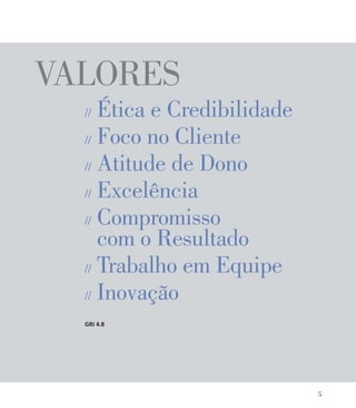 valores
// Ética e Credibilidade
// Foco no Cliente
// Atitude de Dono
// Excelência
// Compromisso
com o Resultado
// Trabalho em Equipe
// Inovação
GRI 4.8
5
 