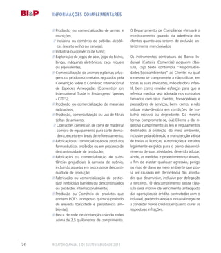 // Produção ou comercialização de armas e
munições;
➢// Indústria ou comércio de bebidas alcoóli-
cas (exceto vinho ou cerveja);
// Indústria ou comércio de fumo;
// Exploração de jogos de azar, jogo do bicho,
bingo, máquinas eletrônicas, caça níqueis
ou equivalentes;
// Comercialização de animais e plantas selva-
gens ou produtos correlatos regulados pela
Convenção sobre o Comércio Internacional
de Espécies Ameaçadas (Convention on
International Trade in Endangered Species
- CITES);
// Produção ou comercialização de materiais
radioativos;
// Produção, comercialização ou uso de fibras
soltas de amianto;
➢// Operações comerciais de corte de madeira/
compra de equipamento para corte de ma-
deira, exceto em áreas de reflorestamento;
// Fabricação ou comercialização de produtos
farmacêuticos proibidos ou em processo de
descontinuidade de produção;
// Fabricação ou comercialização de subs-
tâncias prejudiciais à camada de ozônio,
incluindo aquelas em processo de desconti-
nuidade de produção;
// Fabricação ou comercialização de pestici-
das/ herbicidas banidos ou descontinuados
ou proibidos internacionalmente;
// Produção ou Comércio de produtos que
contêm PCB´s (composto químico proibido
de elevada toxicidade e persistência am-
biental);
// Pesca de rede de contenção usando redes
acima de 2,5 quilômetros de comprimento.
O Departamento de Compliance efetuará o
monitoramento quando da aderência dos
clientes quanto aos setores de exclusão an-
teriormente mencionados.
Os instrumentos contratuais do Banco In-
dusval (Carteira Comercial) possuem cláu-
sula, cujo texto contempla “Responsabili-
dades Socioambientais” ao Cliente, na qual
o mesmo se compromete a não utilizar, em
todas as suas atividades, mão de obra infan-
til, bem como envidar esforços para que a
referida medida seja adotada nos contratos
firmados com seus clientes, fornecedores e
prestadores de serviços, bem, como, a não
utilizar mão-de-obra em condições de tra-
balho escravo ou degradante. Da mesma
forma, compromete-se, o(a) Cliente a dar ri-
goroso cumprimento às leis e regulamentos
destinados à proteção do meio ambiente,
inclusive pela obtenção e manutenção válida
de todas as licenças, autorizações e estudos
legalmente exigidos para o pleno desenvol-
vimento de suas atividades, devendo adotar,
ainda, as medidas e procedimentos cabíveis,
a fim de afastar qualquer agressão, perigo
ou risco de dano ao meio ambiente que pos-
sa ser causado em decorrência das ativida-
des que desenvolve, inclusive por delegação
a terceiros. O descumprimento desta cláu-
sula será motivo de vencimento antecipado
das operações de crédito contratadas com o
Indusval, podendo ainda o Indusval negar-se
a conceder novos créditos enquanto durar as
respectivas infrações.
INFORMAÇÕES COMPLEMENTARES
Relatório Anual e de Sustentabilidade 201376
 
