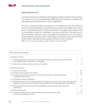 INFORMAÇÕES COMPLEMENTARES
ÍNDICE REMISSIVO GRI
Visando a transparência e qualidade nas informações prestadas ao mercado, além de reafirmar
o seu compromisso com a sustentabilidade, o BIP segue, pela segunda vez, as diretrizes GRI
para elaboração do relatório anual em nível C autodeclarado.
Há 7 anos a Instituição divulga os resultados de suas atividades por meio de um Relatório
Anual. As informações abordam o desempenho da Instituição e suas coligadas entre 1 de Ja-
neiro a 31 de Dezembro de 2013. O Banco Indusval S/A e suas coligadas não realizaram teste
de materialidade ou painel com stakeholders, mas procurou selecionar informações que, de
forma abrangente, interessem a todo o seu público de relacionamento, que inclui governo,
órgãos reguladores, acionistas, clientes, colaboradores, fornecedores e pares. Tais informações
buscam refletir o desempenho sob os aspectos econômico, social e ambiental.
GRI: 2.1, 3.1, 3.2, 3.3, 3.5, 3.6, 3.7, 3.8, 3.9, 3.11, 3.12. 4.14 e 4.15
Indicadores de Perfil
1. Estratégia e Análise
1.1 Declaração do detentor do cargo com maior poder de decisão na organização sobre a relevância da
sustentabilidade para a organização e sua estratégia.
7
1.2 Descrição dos principais impactos, riscos e oportunidades. 7
2. Perfil Organizacional
2.1 Nome da organização. 81
2.2 Principais marcas, produtos e/ou serviços. 45
2.3 Estrutura operacional da organização, incluindo principais divisões, unidades operacionais,
subsidiárias e joint ventures.
11
2.4 Localização da sede da organização. 12
2.5 Número de países em que a organização opera e nome dos países em que suas principais operações estão
localizadas ou são especialmente relevantes para as questões de sustentabilidade cobertas pelo relatório.
12
2.7 Mercados atendidos (incluindo discriminação geográfica, setores atendidos e tipos de clientes/
beneficiários).
12
2.8 Porte da organização. 11
2.9 Principais mudanças durante o período coberto pelo relatório referentes a porte,
estrutura ou participação acionária.
11, 17
Relatório Anual e de Sustentabilidade 201380
 