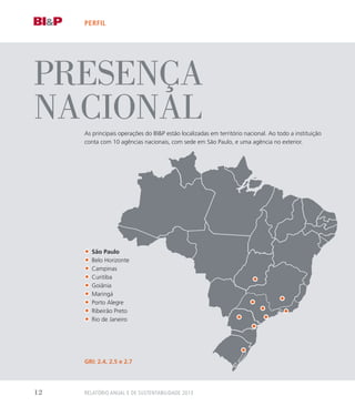 presença
nacionalAs principais operações do BIP estão localizadas em território nacional. Ao todo a instituição
conta com 10 agências nacionais, com sede em São Paulo, e uma agência no exterior.
perfil
São Paulo
Belo Horizonte
Campinas
Curitiba
Goiânia
Maringá
Porto Alegre
Ribeirão Preto
Rio de Janeiro
GRI: 2.4, 2.5 e 2.7
Relatório Anual e de Sustentabilidade 201312
 