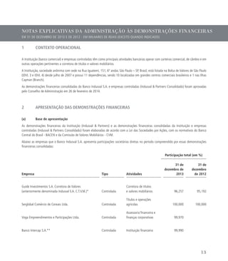 1	 CONTEXTO OPERACIONAL
A Instituição (banco comercial) e empresas controladas têm como principais atividades bancárias operar com carteiras comercial, de câmbio e em
outras operações pertinentes a corretora de títulos e valores mobiliários.
A Instituição, sociedade anônima com sede na Rua Iguatemi, 151, 6º andar, São Paulo – SP, Brasil, está listada na Bolsa de Valores de São Paulo
(IDVL 3 e IDVL 4) desde julho de 2007 e possui 11 dependências, sendo 10 localizadas em grandes centros comerciais brasileiros e 1 nas Ilhas
Cayman (Branch).
As demonstrações financeiras consolidadas do Banco Indusval S.A. e empresas controladas (Indusval  Partners Consolidado) foram aprovadas
pelo Conselho de Administração em 26 de fevereiro de 2014.
2	 APRESENTAÇÃO DAS DEMONSTRAÇÕES FINANCEIRAS
(a) 	 Base de apresentação
As demonstrações financeiras da Instituição (Indusval  Partners) e as demonstrações financeiras consolidadas da Instituição e empresas
controladas (Indusval  Partners Consolidado) foram elaboradas de acordo com a Lei das Sociedades por Ações, com os normativos do Banco
Central do Brasil - BACEN e da Comissão de Valores Mobiliários - CVM.
Abaixo as empresas que o Banco Indusval S.A. apresenta participações societárias diretas no período compreendido por essas demonstrações
financeiras consolidadas:
Participação total (em %)
Empresa Tipo Atividades
31 de
dezembro de
2013
31 de
dezembro
de 2012
Guide Investimentos S.A. Corretora de Valores
(anteriormente denominada Indusval S.A. C.T.V.M.)* Controlada
Corretora de títulos
e valores mobiliários 96,257 95,192
Serglobal Comércio de Cereais Ltda. Controlada
Títulos e operações
agrícolas 100,000 100,000
Voga Empreendimentos e Participações Ltda. Controlada
Assessoria financeira e
finanças corporativas 99,970
Banco Intercap S.A.** Controlada Instituição financeira 99,990
NOTAS EXPLICATIVAS DA ADMINISTRAÇÃO ÀS DEMONSTRAÇÕES FINANCEIRAS
EM 31 DE DEZEMBRO DE 2013 E DE 2012 - EM MILHARES DE REAIS (EXCETO QUANDO INDICADO)
13
 