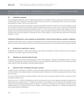 NOTAS EXPLICATIVAS DA ADMINISTRAÇÃO ÀS DEMONSTRAÇÕES FINANCEIRAS
EM 31 DE DEZEMBRO DE 2013 E DE 2012 - EM MILHARES DE REAIS (EXCETO QUANDO INDICADO)
BANCO INDUSVAL S.A. (INDUSVAL  PARTNERS) E BANCO INDUSVAL S.A.
E SUAS CONTROLADAS (INDUSVAL  PARTNERS CONSOLIDADO)
(h)	 Imobilizado e Intangível
O ativo imobilizado está registrado ao custo, corrigido monetariamente até 31 de dezembro de 1995, e acrescido, para imóveis de uso próprio, de
reavaliação (Nota 13(c)). A depreciação é calculada pelo método linear às taxas de 4% a.a. para edificações, 20% a.a. para veículos e sistemas
de processamento de dados e 10% a.a. para os demais itens.
Os ativos intangíveis são compostos por intangível na aquisição de participação de entidades e também por outros ativos intangíveis. Os ágios
são amortizados em decorrência da expectativa de geração de resultados das investidas, exceto para o ágio na reaquisição da totalidade das
ações da Guide Investimentos (anteriormente denominada Indusval S.A. C.T.V.M.). Os outros ativos intangíveis estão registrados ao custo de
aquisição, sendo amortizado linearmente pelo prazo de 10 anos para o negócio de Cédulas de Produtos Rurais e conforme a estimativa dos planos
de negócios para construção de plataforma de negociação de títulos e valores mobiliários na Guide Investimentos (anteriormente denominada
Indusval S.A. C.T.V.M.).
(i) Depósitos interfinanceiros, a prazo, captações no mercado aberto e recursos de letras financeiras, agrícolas e imobiliárias
Os depósitos interfinanceiros, a prazo, as captações no mercado aberto e os recursos de letras financeiras, agrícolas e imobiliárias estão registrados
pelos seus respectivos valores contratuais, acrescidos dos encargos contratados, proporcionais ao período decorrido da contratação da operação.
(j)	 Obrigações por empréstimos e repasses
As obrigações por empréstimos e repasses estão registradas a valor presente, incorporando os encargos incorridos até a data do balanço e
atualizadas às taxas cabíveis, vigentes nas datas dos balanços.
(k)	 Obrigações por contrato de mútuo de ações
As obrigações por contrato de mútuo de ações registradas na rubrica “Outras obrigações - negociação e intermediação de valores”, no passivo
circulante, são registradas pelos respectivos valores pactuados, as quais são ajustadas mensalmente de acordo com o valor de mercado das ações
e pelos respectivos ajustes das operações de derivativos (hedge econômico).
(l)	 Imposto de renda e contribuição social (ativo e passivo)
O imposto de renda e a contribuição social diferidos, calculados sobre adições temporárias, são registrados na rubrica “Outros créditos - diversos”.
Os créditos tributários sobre adições temporárias são realizados quando da utilização e/ou reversão das respectivas provisões sobre as quais
foram constituídos.
A provisão para imposto de renda foi constituída à alíquota de 15% sobre o lucro real, acrescida de adicional de 10%. A contribuição social foi
provisionada à alíquota de 15%.
De acordo com a Lei nº 11.941/09, as modificações no critério de reconhecimento de receita, custos e despesas computadas na aplicação do lucro
líquido do exercício, introduzidas pela Lei nº 11.638/07 e pelos artigos 37 e 38 da referida Lei, não tem efeitos para fins de apuração do lucro
real da pessoa jurídica optante pelo Regime Tributário de Transição - RTT, devendo ser considerados, para fins tributários, os métodos e critérios
contábeis vigentes em 31 de dezembro de 2007. Para fins contábeis, os efeitos tributários da adoção da Lei nº 11.638/07 estão registrados nos
ativos e passivos diferidos correspondentes.
DEMONSTRAÇÕES FINANCEIRAS 201318
 