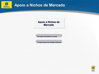 Apoio a Nichos de Mercado



           Apoio a Nichos de
               Mercado



           Arranjos Produtivos Locais


           Cooperativas de Crédito Urbanas
 