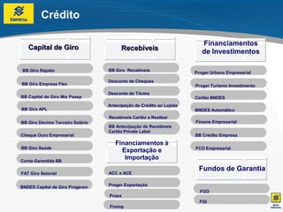 Crédito

                                                                         Financiamentos
   Capital de Giro                      Recebíveis                       de Investimentos

BB Giro Rápido                    BB Giro Recebíveis
                                                                      Proger Urbano Empresarial
                                  Desconto de Cheques
BB Giro Empresa Flex                                                  Proger Turismo Investimento
                                  Desconto de Títulos
BB Capital de Giro Mix Pasep                                          Cartão BNDES
                                  Antecipação de Crédito ao Lojista
BB Giro APL                                                           BNDES Automático
                                  Recebíveis Cartão a Realizar
BB Giro Décimo Terceiro Salário                                       Finame Empresarial
                                  BB Antecipação de Recebiveis
                                  Cartão Private Label
Cheque Ouro Empresarial                                               BB Crédito Empresa
                                     Financiamentos à
BB Giro Saúde                                                         FCO Empresarial
                                       Exportação e
Conta Garantida BB
                                        Importação
                                                                       Fundos de Garantia
FAT Giro Setorial                 ACC e ACE


BNDES Capital de Giro Progeren    Proger Exportação
                                                                        FGO
                                  Proex
                                                                        FGI
                                  Finimp
 