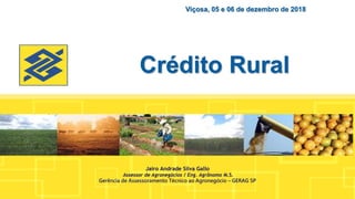 Crédito Rural
Viçosa, 05 e 06 de dezembro de 2018
Jairo Andrade Silva Gallo
Assessor de Agronegócios / Eng. Agrônomo M.S.
Gerência de Assessoramento Técnico ao Agronegócio – GERAG SP
 