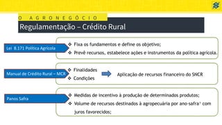 Regulamentação – Crédito Rural
O A G R O N E G Ó C I O
 Fixa os fundamentos e define os objetivo;
 Prevê recursos, estabelece ações e instrumentos da política agrícola.
Lei 8.171 Política Agrícola
 Finalidades
 Condições
Manual de Crédito Rural – MCR Aplicação de recursos financeiro do SNCR
 Medidas de incentivo à produção de determinados produtos;
 Volume de recursos destinados à agropecuária por ano-safra¹ com
juros favorecidos;
Panos Safra
 