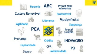 Custeio Renovável
ABC
Moderfrota
Pronamp
PCA
INOVAGRO
Pronaf Mais
Alimentos
PSICPR
Seguro
Agilidade
Pronaf
Custeio
Liderança
Capilaridade
Parceria
Crédito
Modernidade
Sustentável
Segurança
 