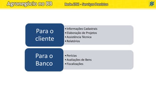 •Informações Cadastrais
•Elaboração de Projetos
•Assistência Técnica
•Relatórios
Para o
cliente
•Perícias
•Avaliações de Bens
•Fiscalizações
Para o
Banco
Agronegócio no BB Rede ATNI – Serviços Previstos
 