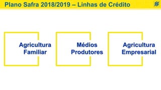 Agricultura
Familiar
Médios
Produtores
Agricultura
Empresarial
Plano Safra 2018/2019 – Linhas de Crédito
 