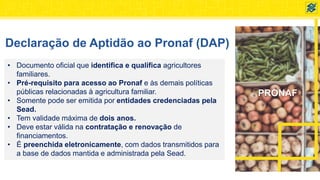 PRONAF
Declaração de Aptidão ao Pronaf (DAP)
• Documento oficial que identifica e qualifica agricultores
familiares.
• Pré-requisito para acesso ao Pronaf e às demais políticas
públicas relacionadas à agricultura familiar.
• Somente pode ser emitida por entidades credenciadas pela
Sead.
• Tem validade máxima de dois anos.
• Deve estar válida na contratação e renovação de
financiamentos.
• É preenchida eletronicamente, com dados transmitidos para
a base de dados mantida e administrada pela Sead.
 