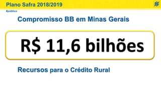 Compromisso BB em Minas Gerais
Recursos para o Crédito Rural
#público
R$ 11,6 bilhões
Plano Safra 2018/2019
 