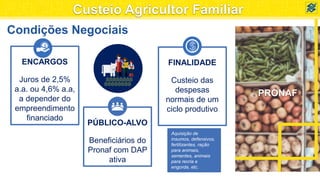 PRONAF
Condições Negociais
ENCARGOS
Juros de 2,5%
a.a. ou 4,6% a.a,
a depender do
empreendimento
financiado
$
PÚBLICO-ALVO
Beneficiários do
Pronaf com DAP
ativa
FINALIDADE
Custeio das
despesas
normais de um
ciclo produtivo
Aquisição de
insumos, defensivos,
fertilizantes, ração
para animais,
sementes, animais
para recria e
engorda, etc.
Custeio Agricultor Familiar
 