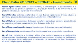 Pronaf Agroindústria: visem o beneficiamento, a armazenagem, o processamento e a
comercialização da produção agropecuária, de produtos florestais e de extrativismo ou de
produtos artesanais, e a exploração de turismo rural.
Pronaf Florestal: sistemas agroflorestais em suas diversas espécimes de árvores, arbustos e
palmeiras, geradoras de diferentes produtos, madeireiros e não madeireiros;
Pronaf Mulher: financiamentos destinados a mulheres agricultoras, conforme projeto técnico
ou proposta simplificada, independentemente de sua condição civil.
Pronaf Programas Especiais – Jovem: financiamentos destinados a jovens agricultores(as).
Pronaf Agroecologia: projetos específicos de sistemas de base agroecológica ou orgânicos
Pronaf Eco: destinados a implantar, utilizar e/ou recuperar pequenos aproveitamentos
hidroenergéticos, tecnologias de energia renovável, como o uso da energia solar, da biomassa,
eólica, miniusinas de biocombustíveis, como estação de tratamentos de água, de dejetos e
efluentes, compostagem e reciclagem.
Plano Safra 2018/2019 – PRONAF - Investimento
 