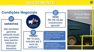 Condições Negociais
GARANTIAS
São admitidas
garantias
pessoais (aval)
e/ou garantias
reais (penhor,
hipoteca ou
alienação
fiduciária)
PRAZO
Até 10 anos,
incluídos até 3
anos de
carência**
TETO
R$ 165 mil por
mutuário/ano
agrícola*
Pronaf Mais
Alimentos
$
** Para motocicletas e
caminhonetes de carga, o
prazo é de até 5 anos, incluído
até 1 ano de carência
* Para suinocultura, avicultura,
fruticultura, aquicultura e
carcinicultura, o limite é de R$
330 mil por mutuário/ano
agrícola
INVESTIMENTO
 