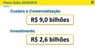 Custeio e Comercialização
Investimento
#público
R$ 9,0 bilhões
R$ 2,6 bilhões
Plano Safra 2018/2019
 