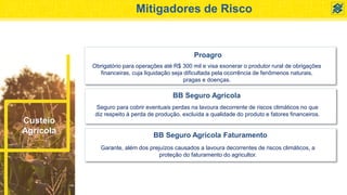 Custeio
Agrícola
Proagro
Mitigadores de Risco
BB Seguro Agrícola Faturamento
BB Seguro Agrícola
Obrigatório para operações até R$ 300 mil e visa exonerar o produtor rural de obrigações
financeiras, cuja liquidação seja dificultada pela ocorrência de fenômenos naturais,
pragas e doenças.
Seguro para cobrir eventuais perdas na lavoura decorrente de riscos climáticos no que
diz respeito à perda de produção, excluída a qualidade do produto e fatores financeiros.
Garante, além dos prejuízos causados a lavoura decorrentes de riscos climáticos, a
proteção do faturamento do agricultor.
 