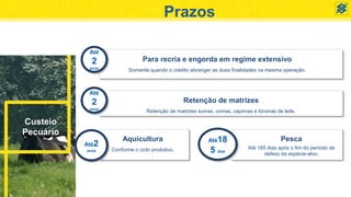 Prazos
Custeio
Pecuário
Até
2
anos
Para recria e engorda em regime extensivo
Somente quando o crédito abranger as duas finalidades na mesma operação.
Até
2
anos
Retenção de matrizes
Retenção de matrizes suínas, ovinas, caprinas e bovinas de leite.
Até2
anos
Aquicultura
Conforme o ciclo produtivo.
Até18
5 dias
Pesca
Até 185 dias após o fim do período de
defeso da espécie-alvo.
 