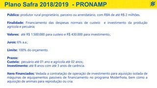 Público: produtor rural proprietário, parceiro ou arrendatário, com RBA de até R$ 2 milhões.
Finalidade: Financiamento das despesas normais de custeio e investimento da produção
agrícola e pecuária;
Valores: até R$ 1.500.000 para custeio e R$ 430.000 para investimento.;
Juros: 6% a.a.;
Limite: 100% do orçamento.
Prazos:
Custeio: pecuário até 01 ano e agrícola até 02 anos;.
Investimento: até 8 anos com até 3 anos de carência.
Itens Financiados: Vedada a contratação de operação de investimento para aquisição isolada de
máquinas de equipamentos passíveis de financiamento no programa Moderfrota, bem como a
aquisição de animais para reprodução ou cria.
Plano Safra 2018/2019 - PRONAMP
 
