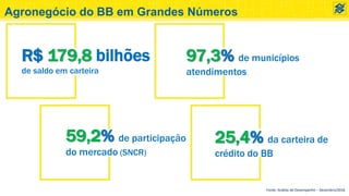 Agronegócio do BB em Grandes Números
R$ 179,8 bilhões
de saldo em carteira
59,2% de participação
do mercado (SNCR)
25,4% da carteira de
crédito do BB
97,3% de municípios
atendimentos
Fonte: Análise de Desempenho – Dezembro/2016
 