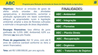 ABC Programa para Redução da Emissão de Gases de Efeito Estufa na Agricultura
FINALIDADES:
ABC - Ambiental
ABC - Integração
ABC - Florestas
ABC – Plantio Direto
ABC - Recuperação
ABC - Orgânico
ABC – Tratamento de Dejetos
Objetivos: Reduzir as emissões de gases de
efeito estufa oriundas das atividades
agropecuárias, o desmatamento, aumentar a
produção agropecuária em bases sustentáveis,
adequar as propriedades rurais à legislação
ambiental, ampliar a área de florestas cultivadas
e estimular a recuperação de áreas degradadas
Encargos financeiros: taxa efetiva de juros
prefixada de 5,25% (ABC Ambiental) 6,0% a.a.
(Demais) ou taxa pós-fixada;
Prazo de pagamento: Até 12 anos, com até 8
anos de carência (variável conforme os itens a
serem financiados).
Teto: até R$ 5.000.000,00, por ano agrícola.
 