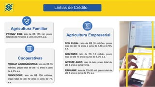 Agricultura Familiar
PRONAF ECO: teto de R$ 165 mil, prazo
total de até 10 anos e juros de 2,5% a.a.
$
Agricultura Empresarial
FCO RURAL: teto de R$ 30 milhões, prazo
total de até 12 anos e juros de 5,86 a 6,76%
a.a.
INOVAGRO: teto de R$ 1,3 milhão, prazo
total de até 10 anos e juros de 6,0% a.a.
INVESTE AGRO: não há teto, prazo total de
até 5 anos e juros livres.
PRONAMP: teto de R$ 430 mil, prazo total de
até 8 anos e juros de 6% a.a.
Linhas de Crédito
Cooperativas
PRONAF AGROINDÚSTRIA: teto de R$ 35
milhões, prazo total de até 10 anos e juros
de 4,6% a.a.
PRODECOOP: teto de R$ 150 milhões,
prazo total de até 10 anos e juros de 7%
a.a.
 