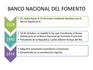BANCO NACIONAL DEL FOMENTO
1928
• Dr. Isidro Ayora el 27 de enero mediante decreto crea el
Banco Hipotecario.
1943
• 14 de Octubre, se expidió la ley que transformo al Banco
Hipotecario en el Banco Nacional de Fomento Provincial.
• Presidente de la Republica. Carlos Alberto Arroyo del Rio
1974
• Adquiere autonomía económica y financiera
• Garantizada en la constitución vigente.
 