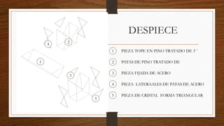 DESPIECE
1
2
3
4
5
1
2
3
4
5
PIEZA TOPE EN PINO TRATADO DE 3´´
PATAS DE PINO TRATADO DE
PIEZA FIJADA DE ACERO
PIEZA LATERAALES DE PATAS DE ACERO
PIEZA DE CRISTAL FORMA TRIANGULAR
 